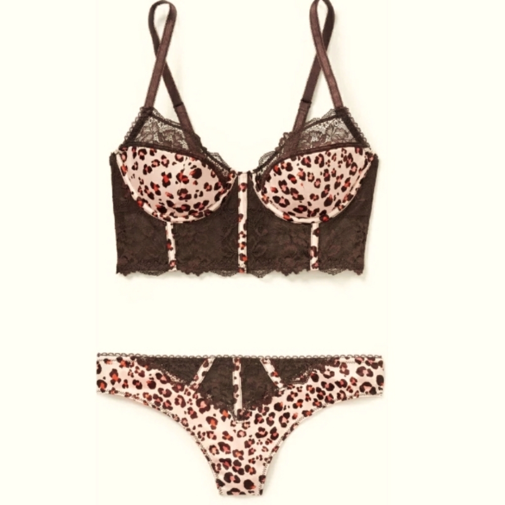 32D Adore Me Brown and Blush Leopard Lace Bralette bra thong lingerie Set